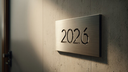 Elegant Metal Door Sign Displaying Year Two Thousand Twenty Six Number on Dark Wall Modern Interior