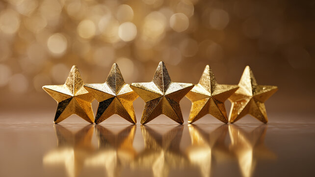 Five Luxury Golden Stars on Reflective Surface with Bokeh Background Premium Quality Rating Excellence Award Concept