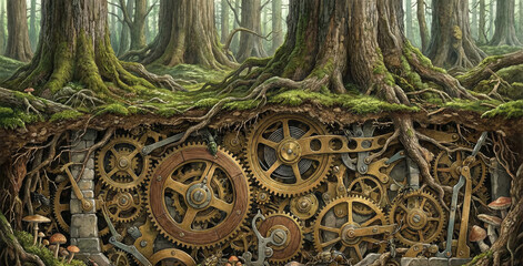 Cross-section illustration of a forest floor showing complex golden gears and clockwork under tree roots. Nature and technology fusion, steampunk underground world, fantasy art.