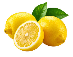 Fresh yellow lemons, one halved, with green leaves