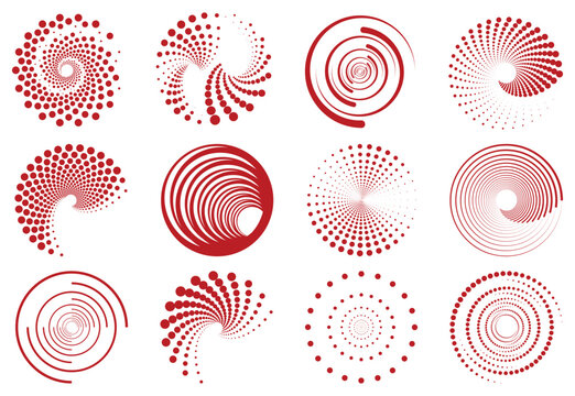 circular dotted rings and concentric line vector set, red radial dot circles and geometric spiral line shapes vector collection, minimal red circular dot patterns and round line elements
