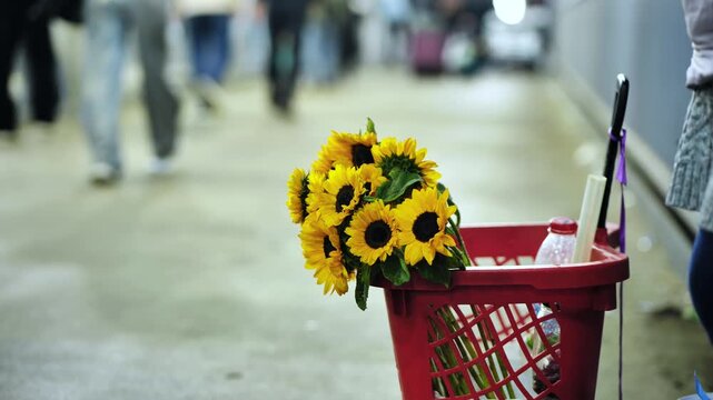 Carrying sunflowers in a red basket through underground urban passage in Moscow