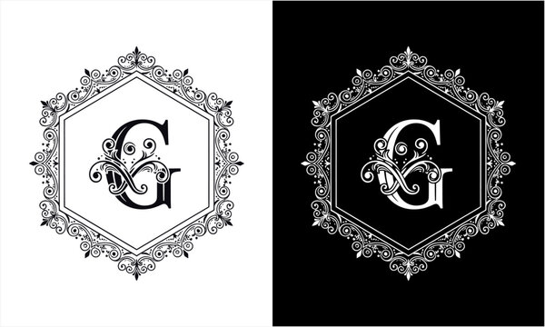 Elegant Letter G Monogram in Ornate Hexagonal Frame.