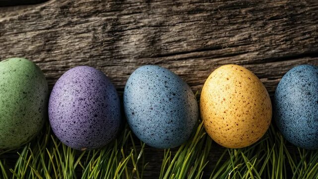 Panning View of Colorful Speckled Easter Eggs on Green Grass and Rustic Wooden Background