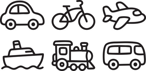 Black outline icons of car bicycle airplane boat train and bus on white background vector