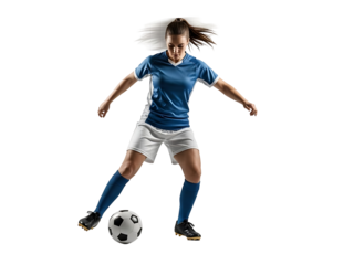 Female soccer player kicking a ball isolated on transparent background