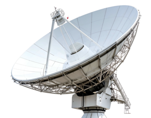 Large satellite dish on support structure, metallic, against black