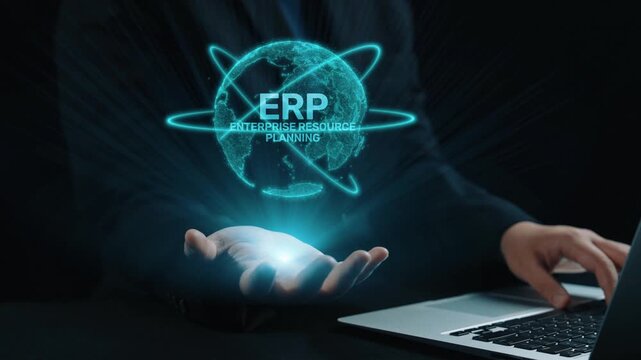 ERP platform visual showing centralized system for enterprise resource planning, improving integration, data flow, business efficiency, finance, inventory, and human resources. Elide