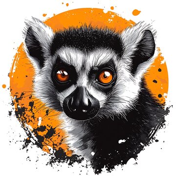 Lemur portrait with vibrant orange splatter art and grunge elements primate animal photo