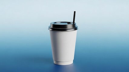 White disposable coffee cup with lid and straw