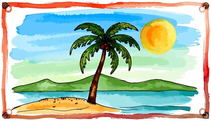 Watercolor tropical island scene