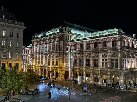 Vienna State Opera (Wiener Staatsoper) from the gallery viewpoint at night, historic opera house and opera company in Vienna, Austria