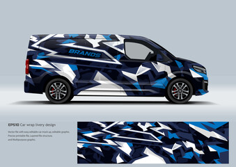 van wrap designs for commercial branding. The series includes a bold red and black speed-line design, a vibrant lime green and black corporate style, and a modern blue geometric camouflage pattern.