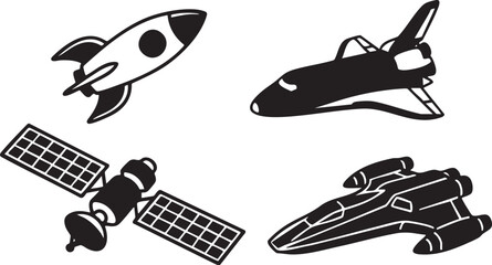 Four black and white vector illustrations of spacecraft including a rocket ship space shuttle satellite and futuristic craft © Laila