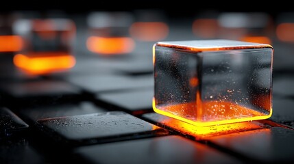 Glowing orange cubes rest on a metallic grid, creating a visually striking and technologically advanced scene with a futuristic aesthetic