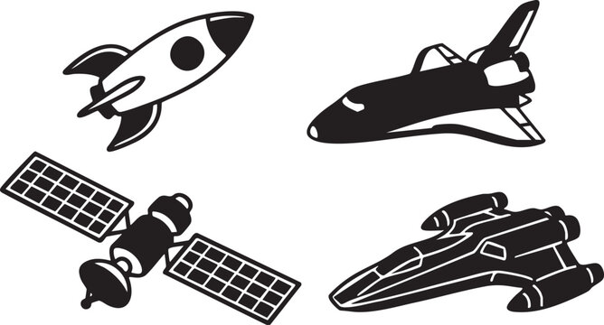 Four black and white vector illustrations of spacecraft including a rocket ship space shuttle satellite and futuristic craft
