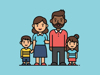 A diverse family portrait with a mom, dad, son, and daughter standing together with love