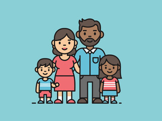Happy Family Portrait Diverse Mother, Father, Son, and Daughter Standing Together Smiling in Line Art Style