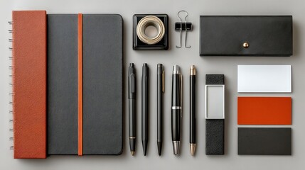 Flat lay of black and orange office supplies including notebooks, pens, cardholder, and paperclips creating a modern, minimalist aesthetic