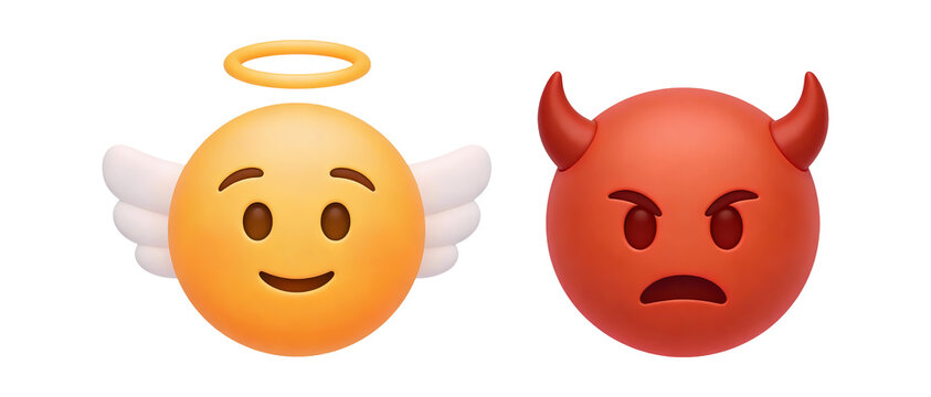 Angel and devil emoji clipart with cute 3D cartoon yellow and red faces with halo wings and horns on transparent background