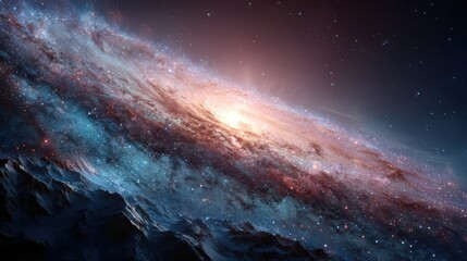 Vast cosmic view of a colorful Galaxy, illuminated by distant stars, shining brightly in deep space and seen from the mountains