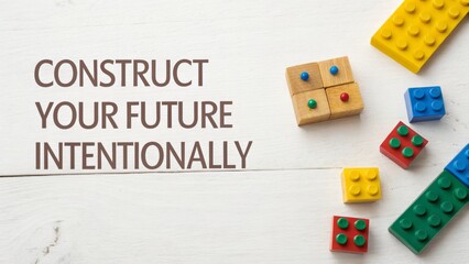 Fototapeta premium Colorful wooden blocks arranged on a white surface for construction.