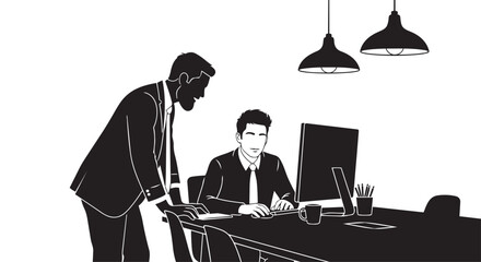 Two businessmen working at a desk with a computer in an office setting