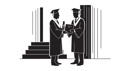 Graduation ceremony two graduates receiving diplomas in front of columns