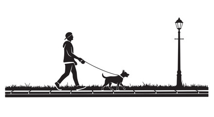 Silhouette of a person walking a dog on a leash next to a lamppost