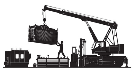Silhouette of crane lifting shipping container with worker supervising