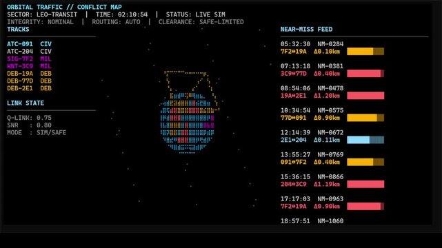 Hacker movie computer screen programming ORBITAL TRAFFIC CONFLICT MAP
