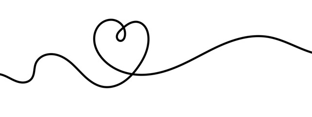 Black wavy line with heart loop divider. Minimal romantic continuous line design for love, invitations, and decorative graphics