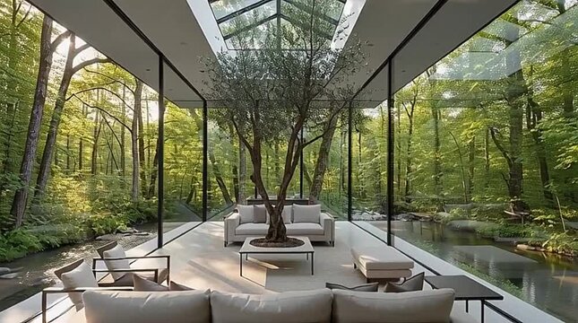 Luxury Architecture Immersive Forest View Minimalist Interior Design Glass Walls Open Concept Home Natural Light Central Tree Biophilic Design