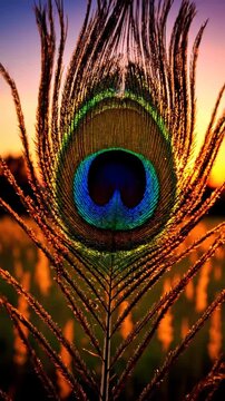 This vibrant, backlit close-up of a majestic peacock feather highlights the detailed ocellus against the dramatic golden sunset.