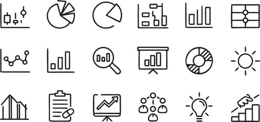 Collection of data analytics and business chart icons designed in a minimalist outline vector style for web app and presentation design