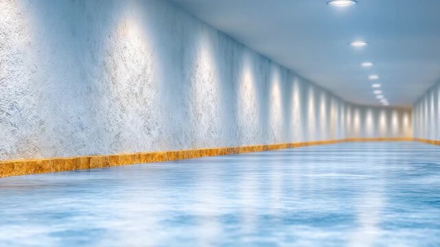 Elegant Architectural Corridor: A minimalistic interior showcases a long corridor, illuminated by recessed ceiling lights, with polished floors reflecting the ambient light and textured walls.