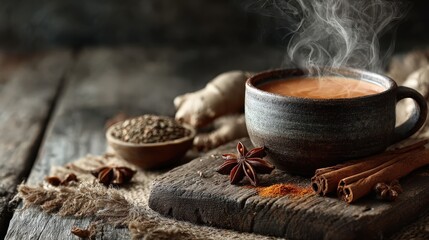 Dark mug of steaming chai tea surrounded by spices rests on rustic wooden board in a cozy setting
