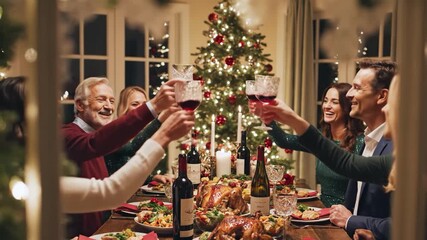 Family enjoying a festive christmas dinner together with wine and food