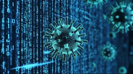 Blue 3D computer virus concept with biological cell floating against digital binary code background representing malware and cyber security - Powered by Adobe