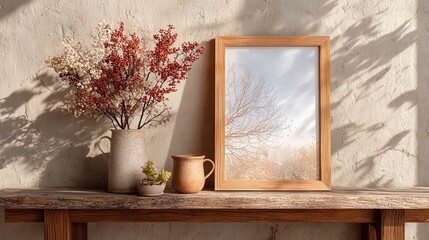 Empty rustic wooden picture frame rests against a weathered log cabin wall on a wooden table