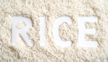White letters spelling RICE in white rice