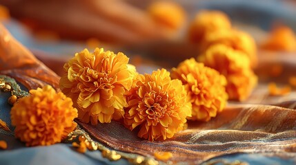 Orange marigold garland rests on saffron fabric in golden sunlight with a blurred tricolor flag creating a dignified celebratory mood