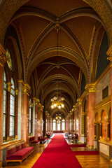 Fototapeta premium A magnificent ornate hallway in the 1902 Gothic Revival style Parliament, Budapest, Hungary