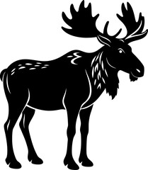 Fototapeta premium Solid Black Silhouette of a Moose Standing in Deep Snow, Moose in Deep Snow Silhouette, Winter Moose Black Silhouette, Majestic Moose Silhouette Graphic