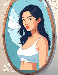 Woman in oval mirror