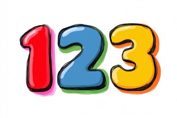 Colorful 123 numbers on white background: one, two, three for kids learning games or activities