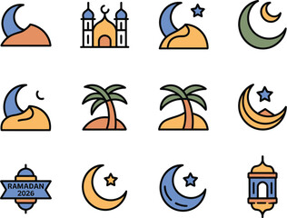 Ramadan Islamic Icons with Crescent Moon, Mosque, and Lantern Symbols