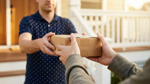 Male person receiving shipment from male courier, supply chain or deliver at the house. Delivery man, customer and package box at door for order, parcel or cargo of customer in transport service