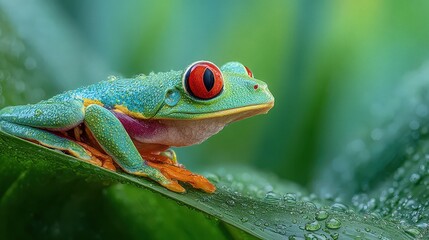 Obraz premium Red-eyed tree frog rests on a wet green leaf in a lush tropical rainforest of Central America