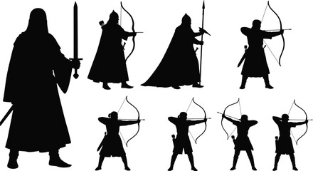 Medieval warrior silhouettes with swords bows and spears, fantasy archer characters, historical battle figures, black vector illustration on white background © Shafik Creatives
